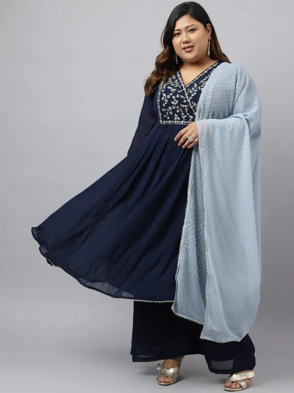 Navy Blue Georgette Yoke Embroidery Kurta with Palazzo and Dupatta Janasya 340