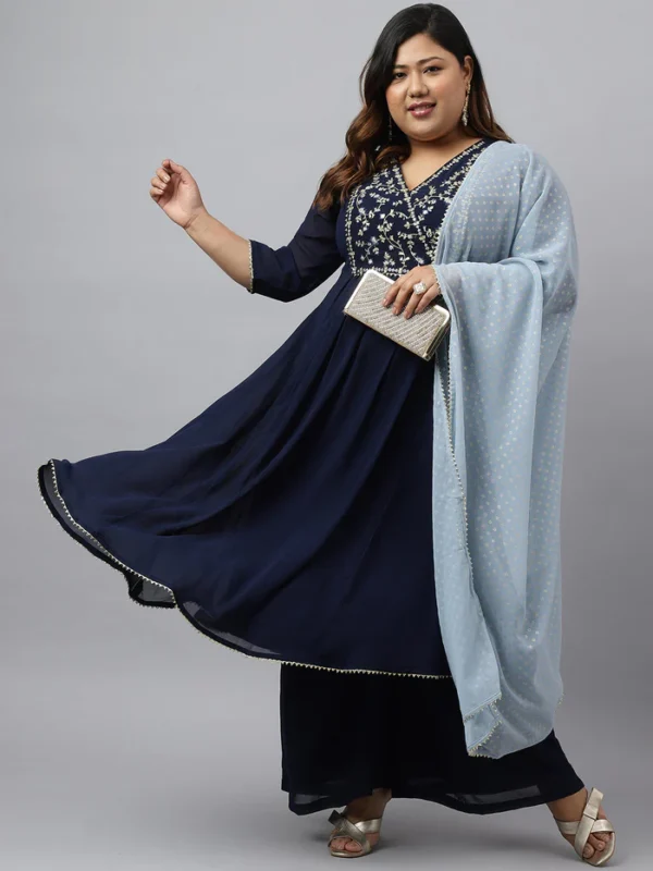 Navy Blue Georgette Yoke Embroidery Kurta with Palazzo and Dupatta Janasya 576