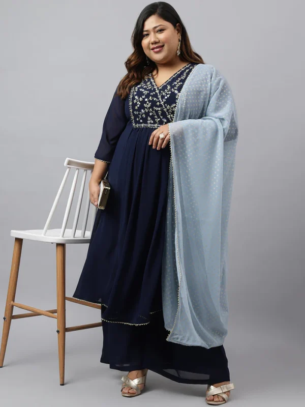 Navy Blue Georgette Yoke Embroidery Kurta with Palazzo and Dupatta Janasya 8986