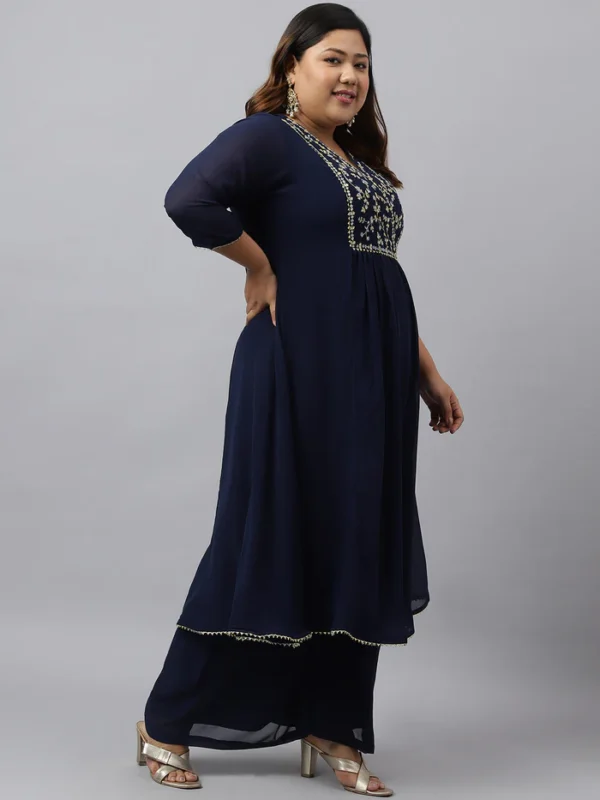 Navy Blue Georgette Yoke Embroidery Kurta with Palazzo and Dupatta Janasya 9297