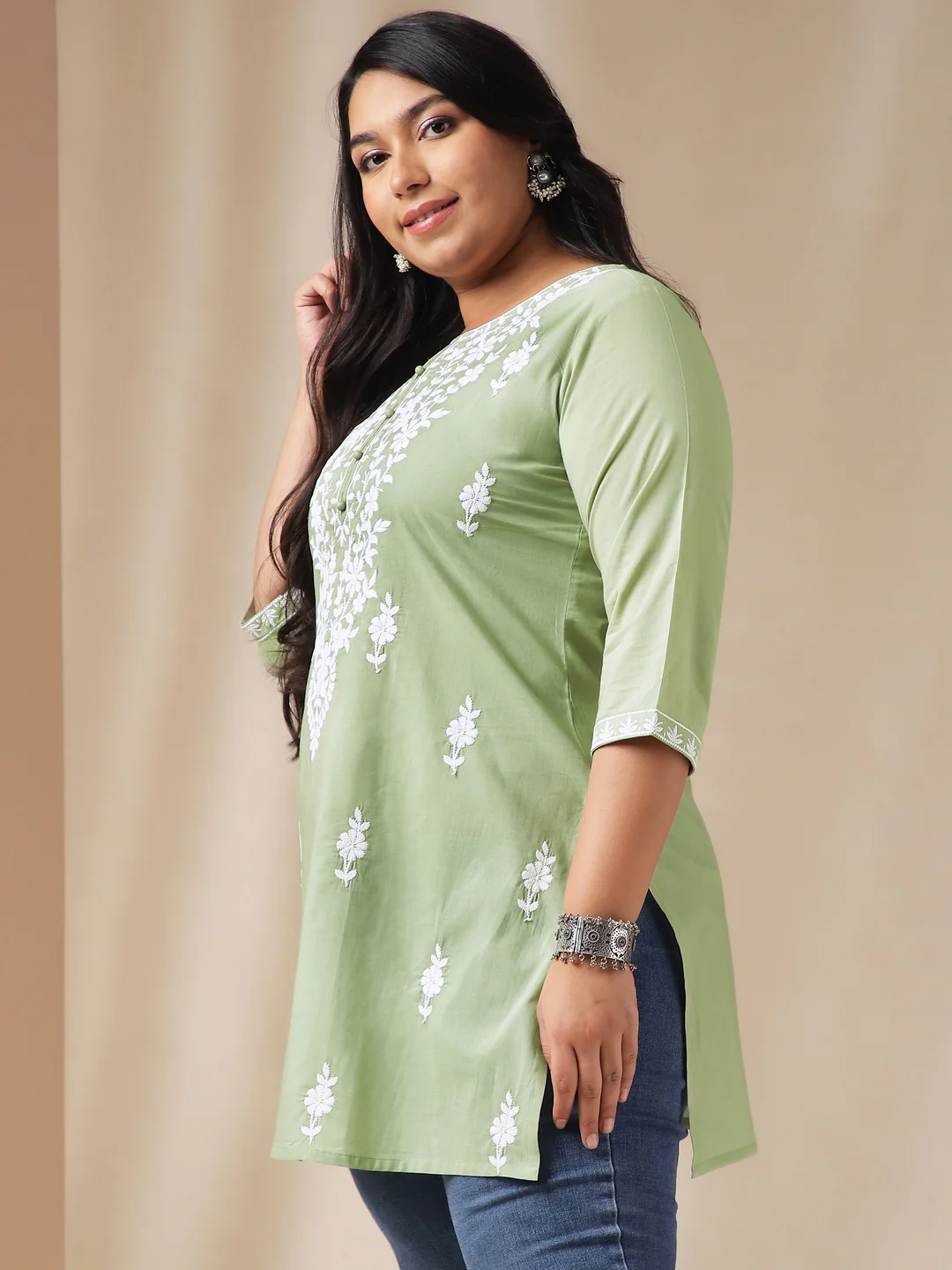Plus Size Sage Cotton Chikankari Regular Tunic Flatshop