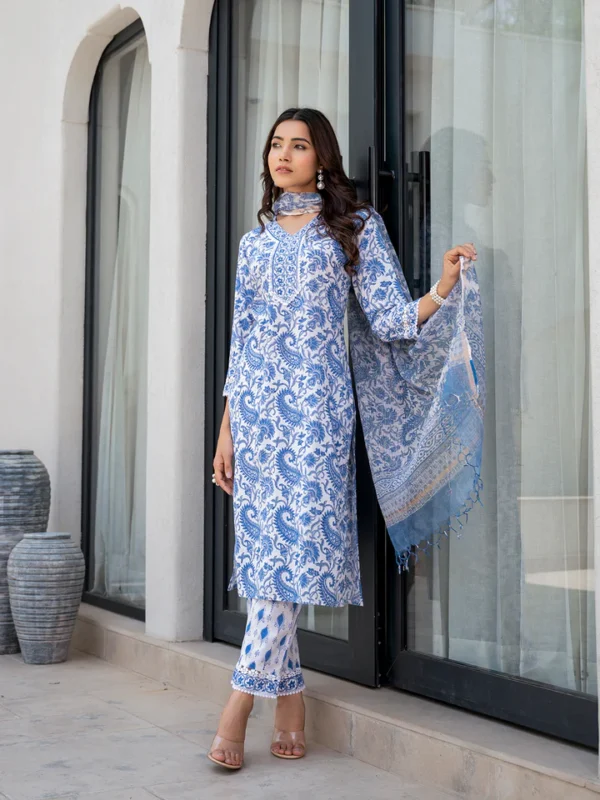 Divena Sky Blue HandBlock Floral Print Kurta Pant Dupatta Set - Image 3