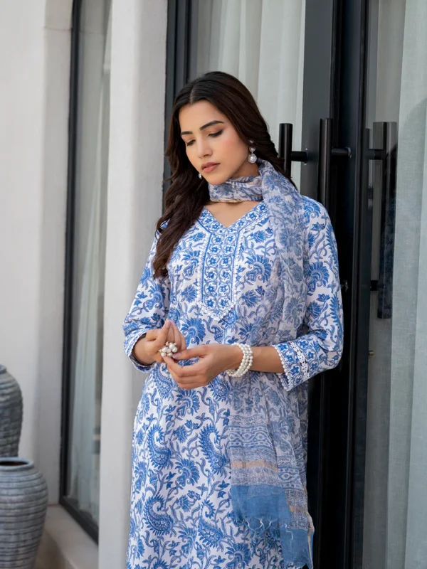Divena Sky Blue HandBlock Floral Print Kurta Pant Dupatta Set - Image 7