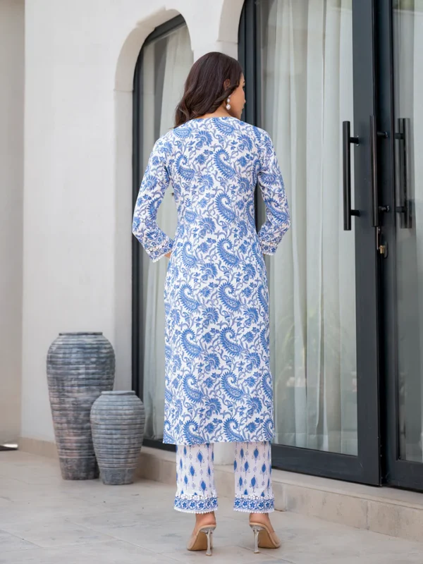 Divena Sky Blue HandBlock Floral Print Kurta Pant Dupatta Set - Image 5