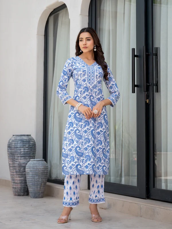 Divena Sky Blue HandBlock Floral Print Kurta Pant Dupatta Set - Image 4
