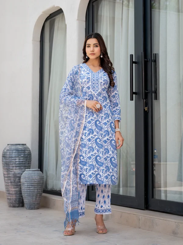 Divena Sky Blue HandBlock Floral Print Kurta Pant Dupatta Set - Image 2