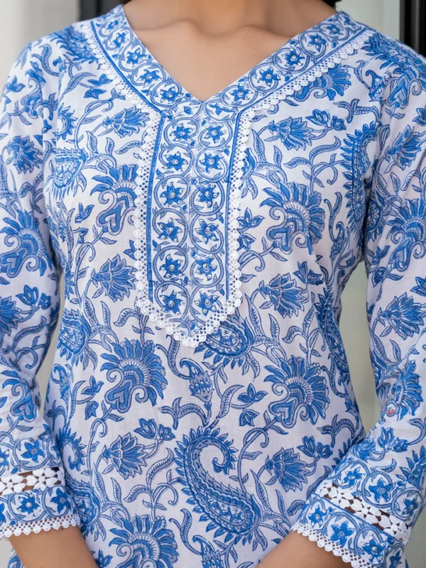 Divena Sky Blue HandBlock Floral Print Kurta Pant Dupatta Set - Image 8