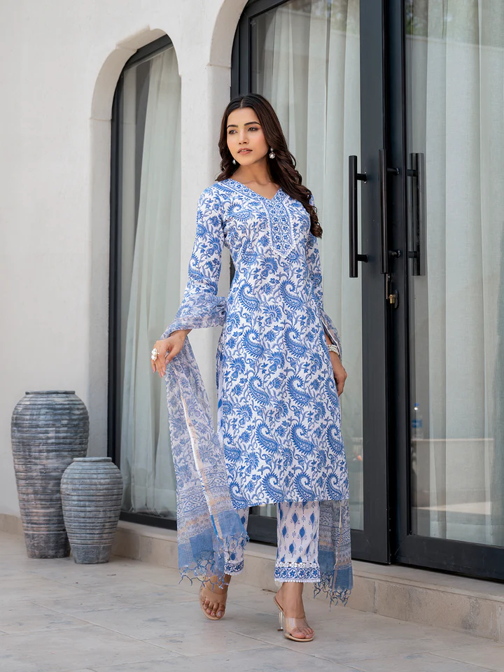 DK2044_9_48b6ef7f-d0fa-4045-b2d8-5902c5cce9be_720x Divena Sky Blue HandBlock Floral Print Kurta Pant Dupatta Set - Image 1