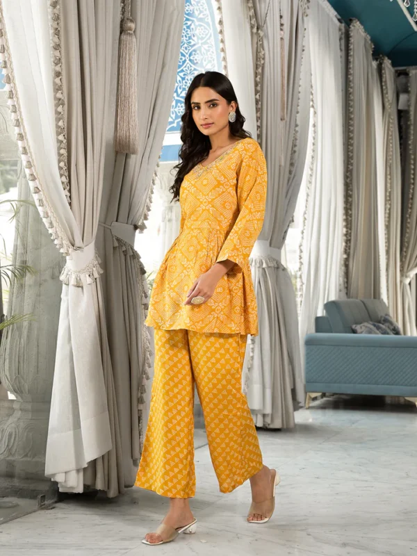 Mustard Yellow Digital Print Gota Work Pure Muslin Co-ord Set - Image 3