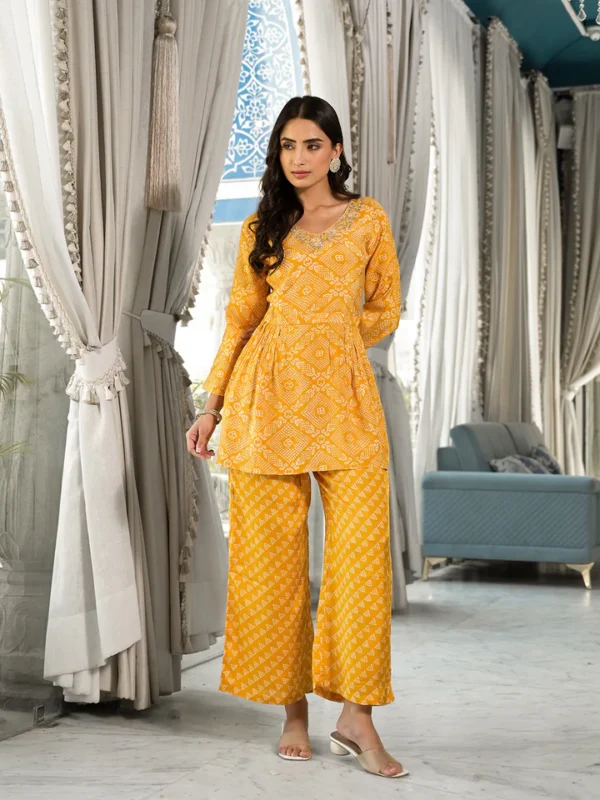Mustard Yellow Digital Print Gota Work Pure Muslin Co-ord Set - Image 2
