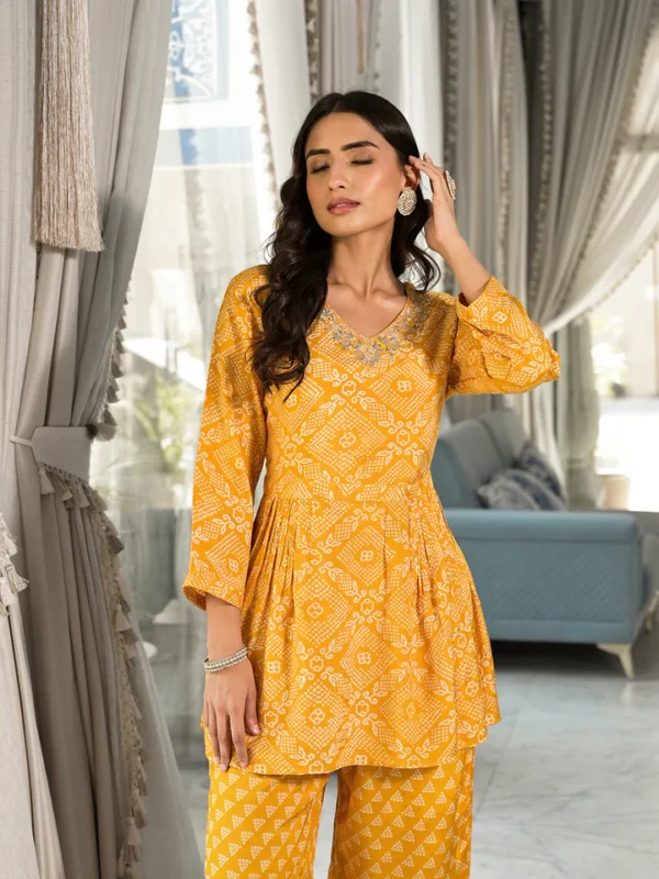 Mustard Yellow Digital Print Gota Work Pure Muslin Co-ord Set - Image 5