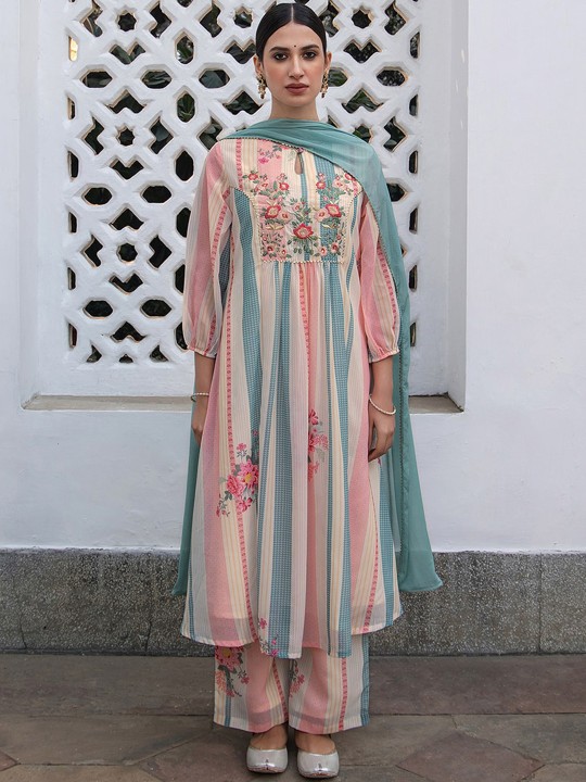 2d3bded6-62e4-4d6f-b803-7cbef5d21e961709537143226JanasyaWomensCreamGeorgetteFloralEmbroideredA-LineKurtaSet1 Floral Embroidered Keyhole Neck Thread Work Kurta with Trousers & Dupatta - Image 1