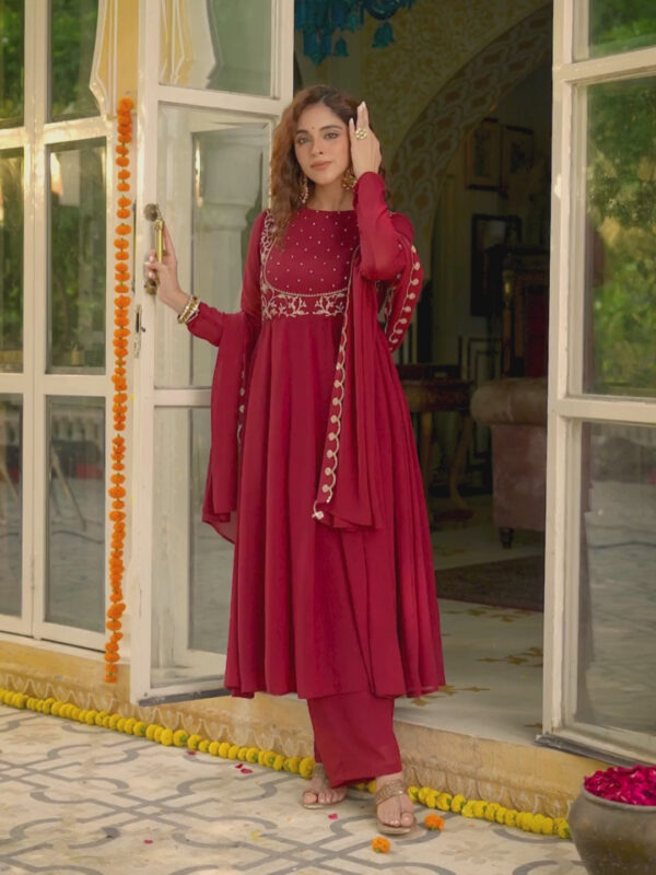 Maroon Georgette Embroidered Anarkali Kurta Set - Image 7