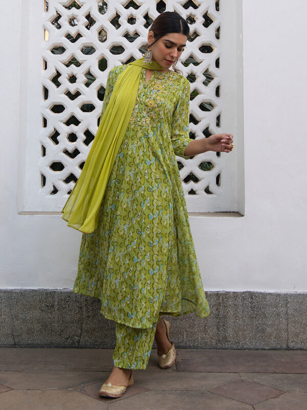 Lime Georgette Yoke Embroidery Anarkali Kurta Set - Image 2