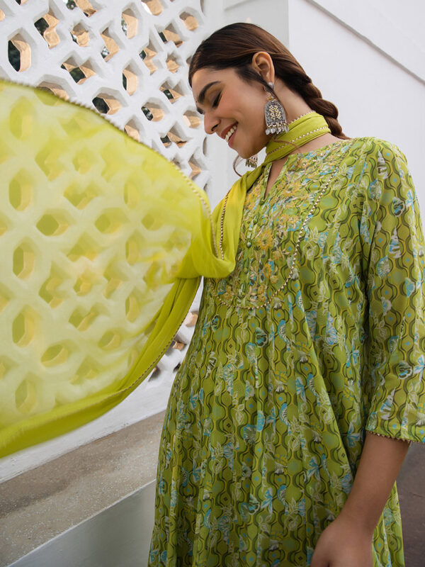Lime Georgette Yoke Embroidery Anarkali Kurta Set - Image 5