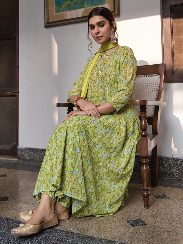 Lime Georgette Yoke Embroidery Anarkali Kurta Set - Image 4