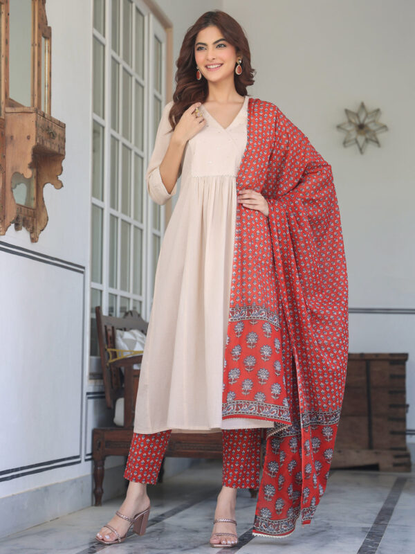 Beige Pure Cotton Floral Printed A-line Kurta Set - Image 4