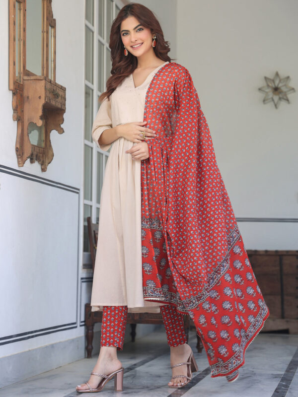Beige Pure Cotton Floral Printed A-line Kurta Set - Image 5