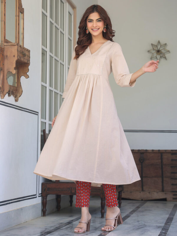 Beige Pure Cotton Floral Printed A-line Kurta Set - Image 7