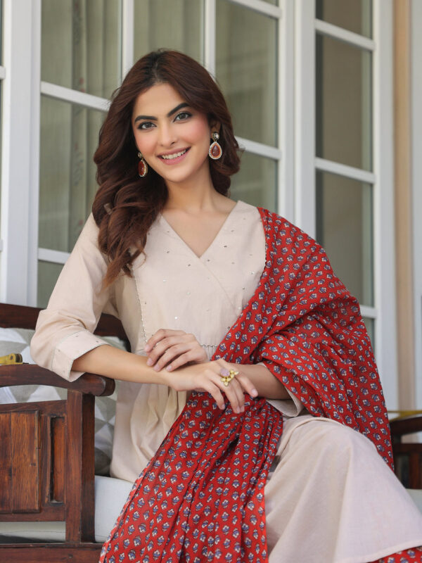 Beige Pure Cotton Floral Printed A-line Kurta Set - Image 10