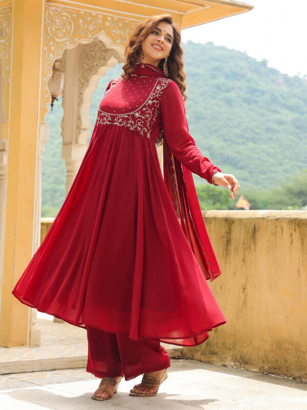 Maroon Georgette Embroidered Anarkali Kurta Set - Image 3