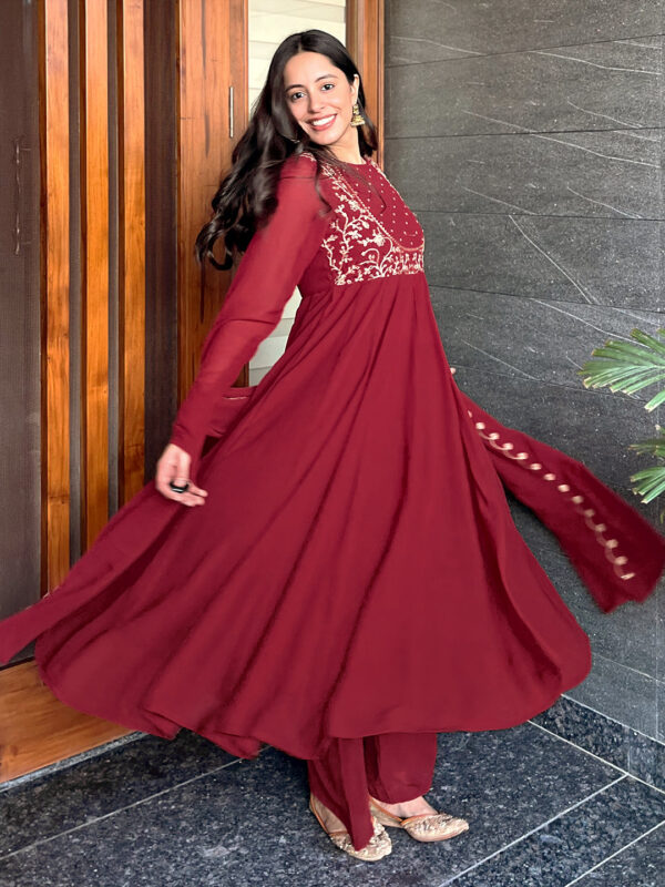 Maroon Georgette Embroidered Anarkali Kurta Set - Image 2