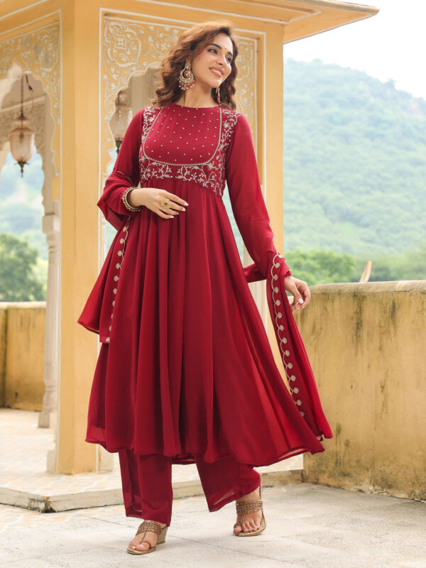 Maroon Georgette Embroidered Anarkali Kurta Set - Image 5