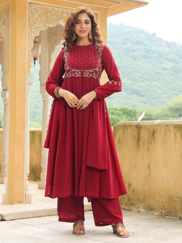 Maroon Georgette Embroidered Anarkali Kurta Set - Image 6