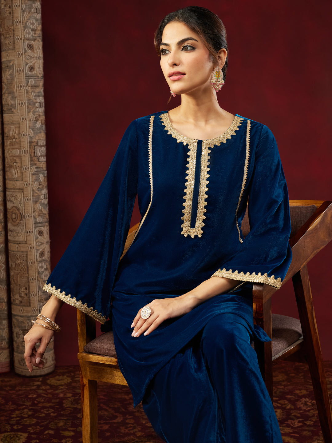 JAB25CD03474 Janasya Women's Teal Blue Velvet Embellished Straight Co-ord Set - Image 1