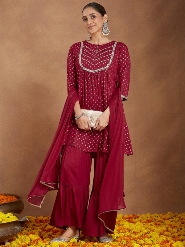 Janasya Women's Maroon Rayon Foil Printed Embellished A-line Kurta With Sharara & Dupatta Set - Image 7