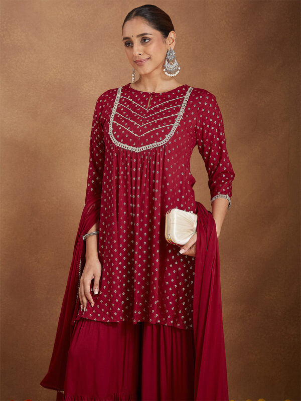 Janasya Women's Maroon Rayon Foil Printed Embellished A-line Kurta With Sharara & Dupatta Set - Image 4