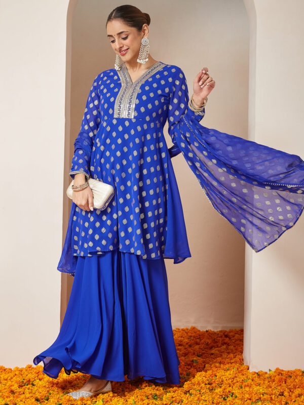Janasya Women's Royal Blue Georgette Embellished Gold Printed A-line Kurta With Sharara & Dupatta Set - Image 4