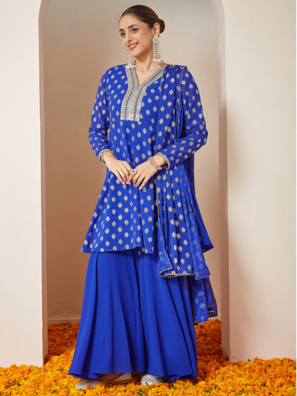 Janasya Women's Royal Blue Georgette Embellished Gold Printed A-line Kurta With Sharara & Dupatta Set - Image 3