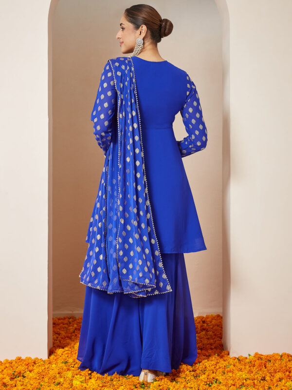 Janasya Women's Royal Blue Georgette Embellished Gold Printed A-line Kurta With Sharara & Dupatta Set - Image 9