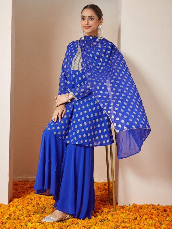 Janasya Women's Royal Blue Georgette Embellished Gold Printed A-line Kurta With Sharara & Dupatta Set - Image 5