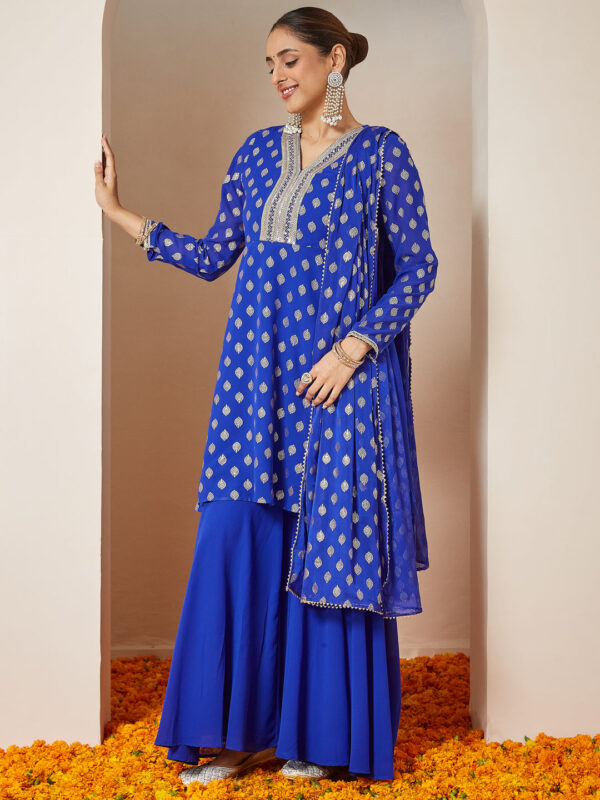 Janasya Women's Royal Blue Georgette Embellished Gold Printed A-line Kurta With Sharara & Dupatta Set - Image 6