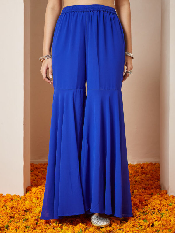 Janasya Women's Royal Blue Georgette Embellished Gold Printed A-line Kurta With Sharara & Dupatta Set - Image 10