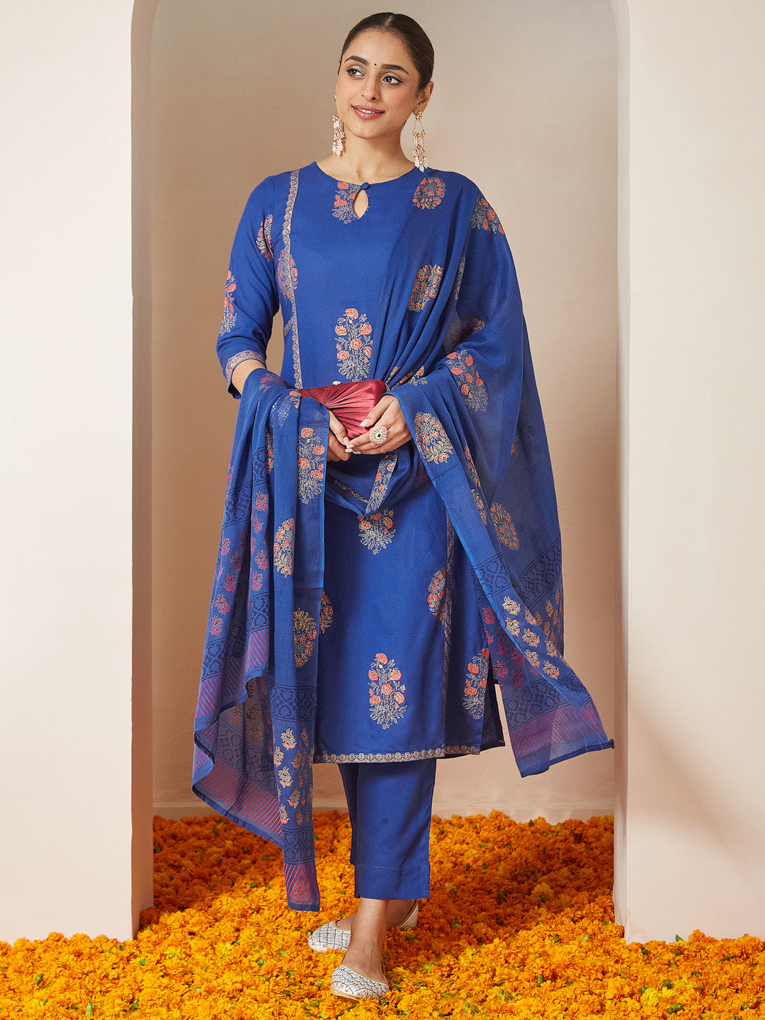 JAB25ST02992_1 Janasya Women's Royal Blue Rayon Gold Floral Printed Straight Kurta Set - Image 1