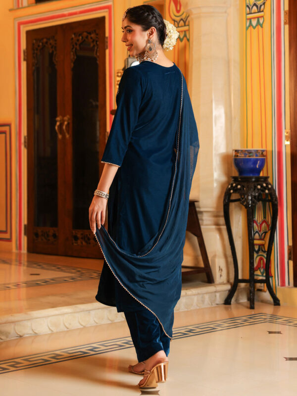 Janasya Women's Teal Blue Velvet Zari Yoke Embroidered Straight Kurta Set - Image 9