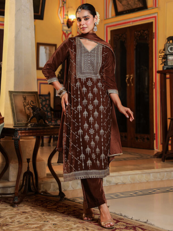 Janasya Women's Brown Velvet Embellished Gold Printed Straight Kurta Set - Image 4