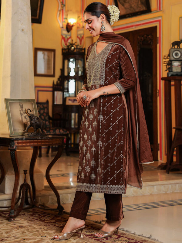 Janasya Women's Brown Velvet Embellished Gold Printed Straight Kurta Set - Image 3