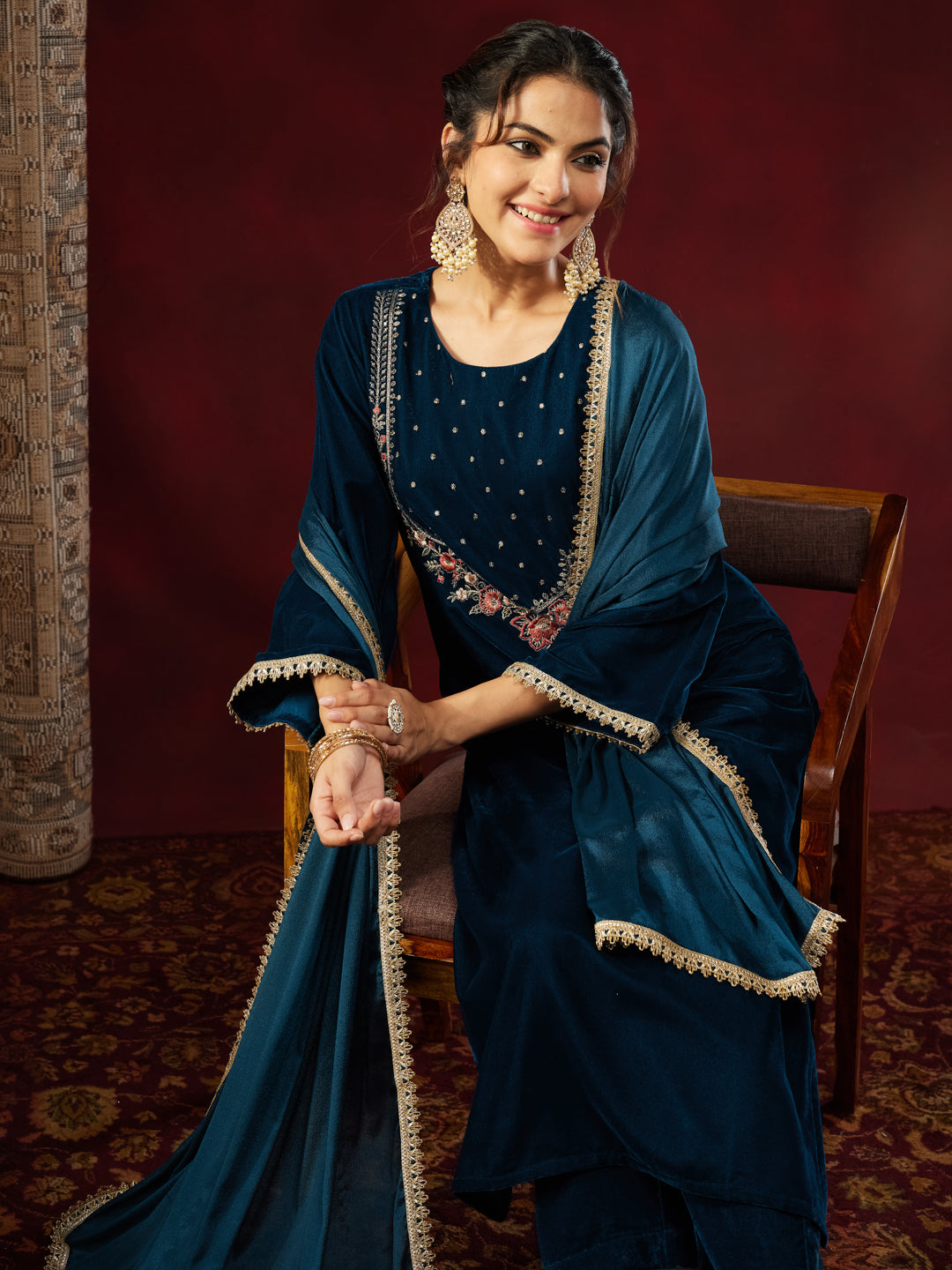 JAB25ST03287_5 Janasya Women's Teal Blue Velvet Yoke Embroidered Straight Kurta Set - Image 1