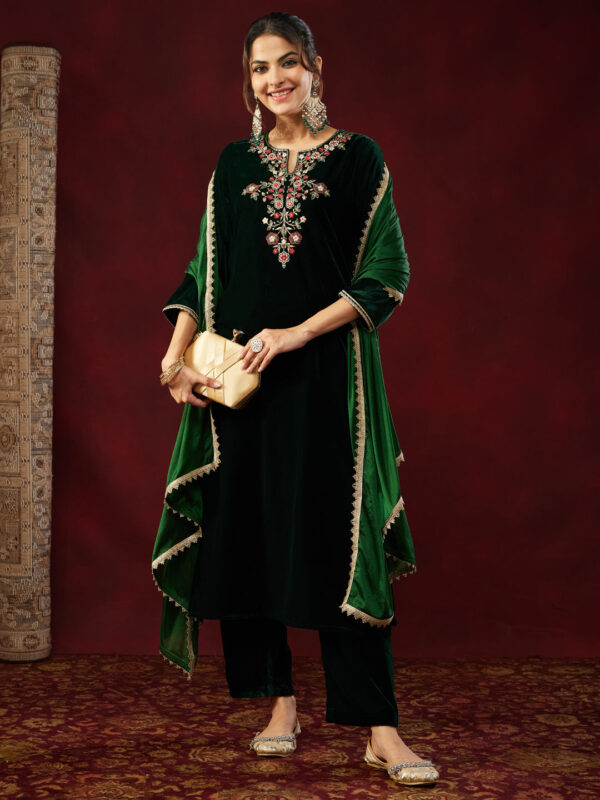 Janasya Women's Bottle Green Velvet Yoke Embroidered Straight Kurta Set - Image 2
