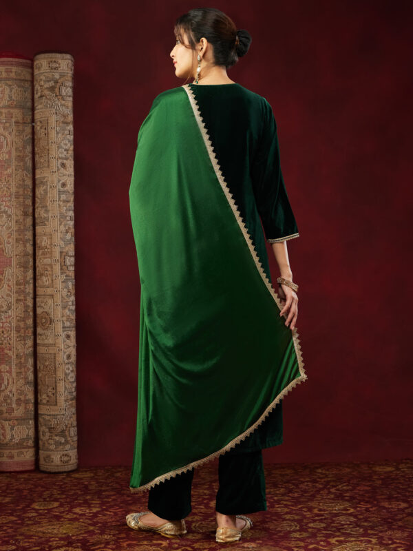Janasya Women's Bottle Green Velvet Yoke Embroidered Straight Kurta Set - Image 5