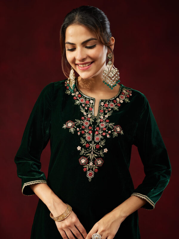 Janasya Women's Bottle Green Velvet Yoke Embroidered Straight Kurta Set - Image 7
