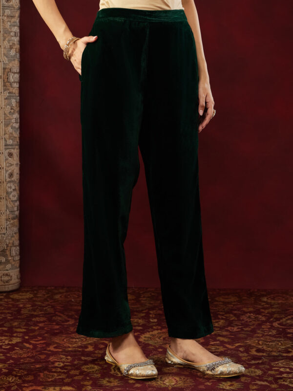 Janasya Women's Bottle Green Velvet Yoke Embroidered Straight Kurta Set - Image 8