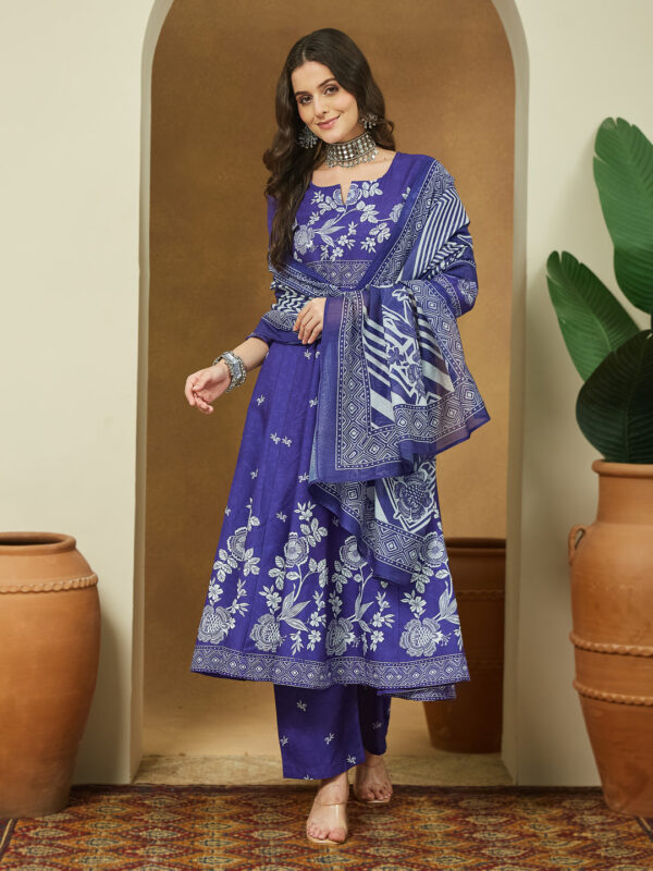 Janasya Women's Purple Cotton Blend Floral Printed Anarkali Kurta Set - Image 2