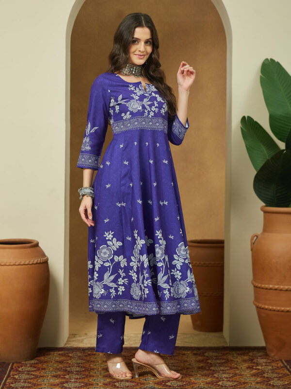 Janasya Women's Purple Cotton Blend Floral Printed Anarkali Kurta Set - Image 8