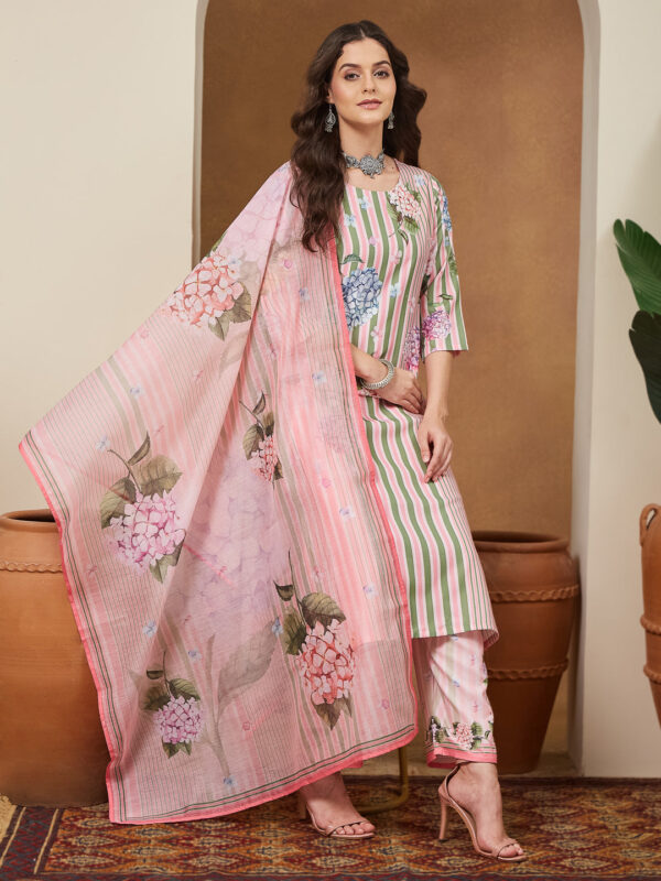 Janasya Women's Light Pink Cotton Blend Floral Printed Straight Kurta Set - Image 2