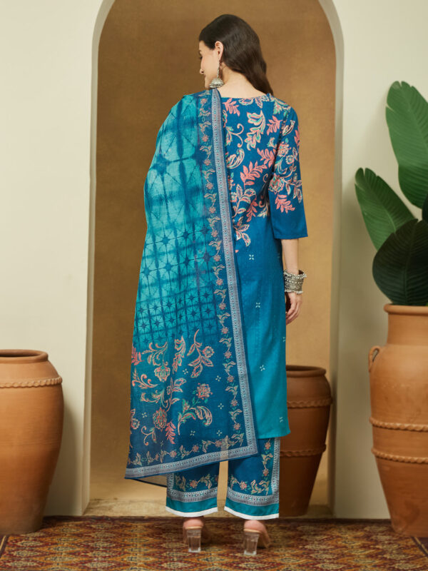 Janasya Women's Teal Blue Cotton Blend Floral Printed Straight Kurta Set - Image 4